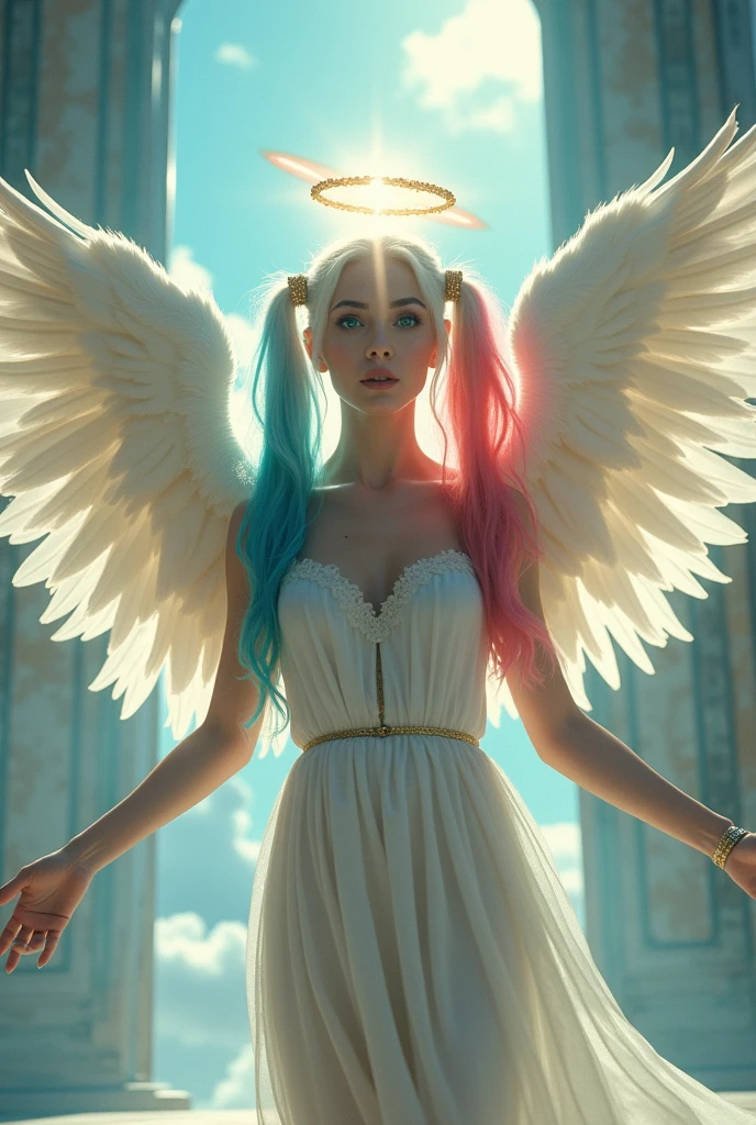 cinematic image portrait Full body zoomed in on Harley Quinn angel with colorful hair with wings and halo in the sky with hair .Harley Quinn is wearing a light white dress and has blue eyes.. and there is a beautiful gate behind in the sky 