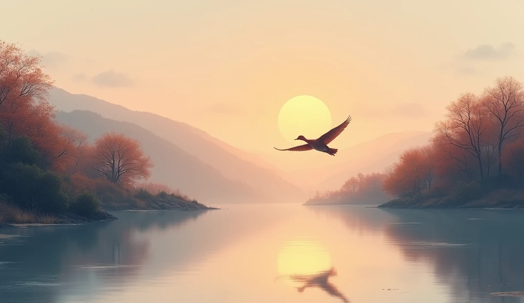 ((masterpiece)), ((best quality)), 8k, high detailed, ultra-detailed, evening light ,Simple colors,Chinese landscape painting style,one duck flying in the sunset,reflection, autumn, river, vast sky, merging, serene, harmonious, peaceful