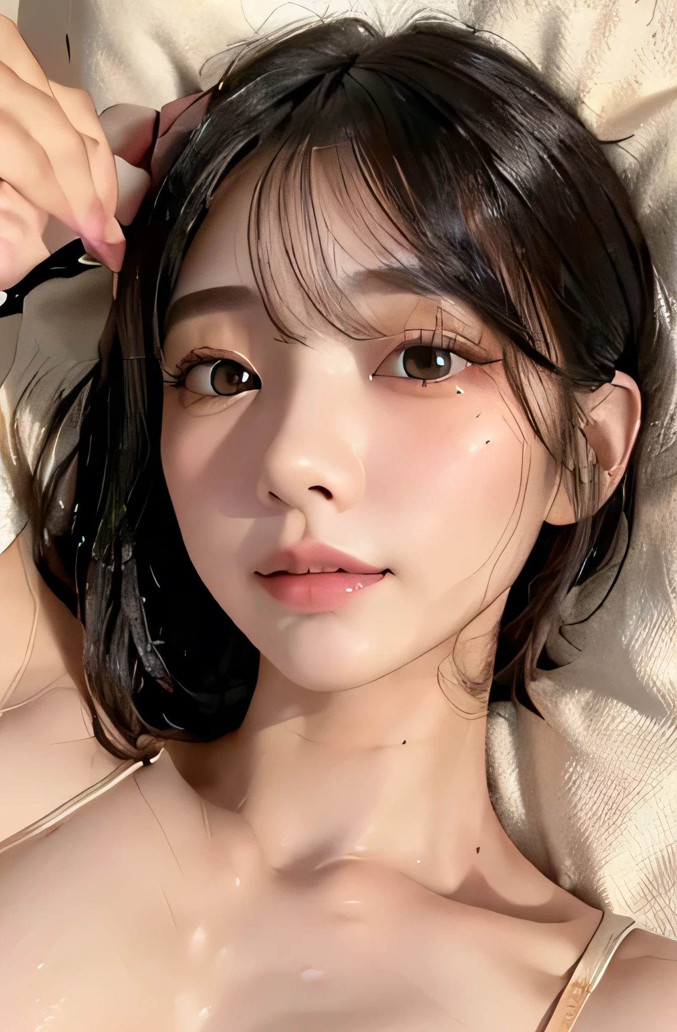 (Japanese, Detailed face, Beautiful attention to detail, Beautiful lip detail, Extremely detailed face and eyes, Long eyelashes, Realistic skin texture, )((Highest quality, masterpiece :1.3)), ((Beautiful slim doll body, One person, )). Highly detailed face, Highly detailed lips, Detailed eyes, double eyelid, Mid-chest, Makeup Face. Long eyelashes. ((Black hair straight)). ((Wet Skin)), (()), ((((penisert, Lying on your back,))))(((wide sht)))