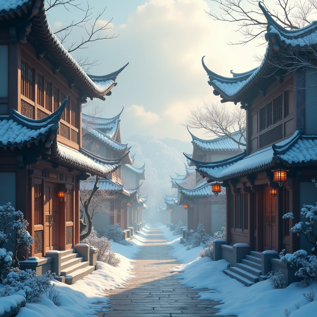 (Snow Scenery), A Chinese ancient town exhibits a unique charm during the first clear after snow. The ancient buildings were covered in snow, and sunlight shone through the clouds, illuminating a corner of the ancient town. The colors are mainly cool blue and warm yellow, and the light and shadow are mainly reflected by sunlight and snow. The details are reflected in the carving of the building and the ice hanging on the eaves. Beautiful cinematic lighting, surreal, color graded, dynamic movement, captivating chiaroscuro, full body, award-winning, cinematic still, emotional, vignette, dynamic, vivid, (masterpiece, best quality, photorealistic, Professional, perfect composition, very aesthetic, absurdres, ultra-detailed, intricate details:1.3)