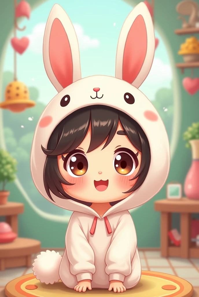 Create cartoon drawing of cute human with bunny hood