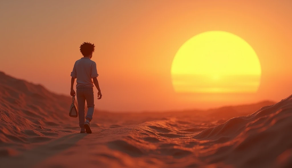 Need 3d animation style, Ramu walking towards a rising sun on the horizon, symbolizing his journey toward future dreams