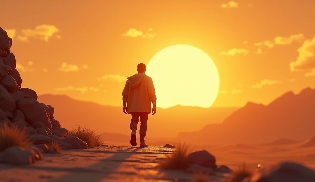 Need 3d animation style, Ramu walking towards a rising sun on the horizon, symbolizing his journey toward future dreams