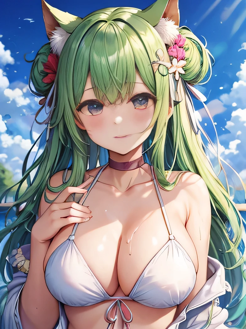 big boob, cleavage, vanilla, ice cream, melted, sheer blouse, see, bikini, flower, sweaty, cute face, small face, summer, long hair, green hair, girl, sweaty, blue ocean, blue sky