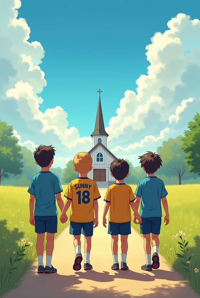 4 boys younger going to church and beautiful sky and place one boy jersey name is Sunny 18