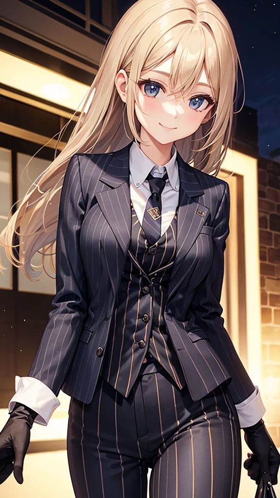 A woman wearing a striped pantsuit tie smile Black gloves