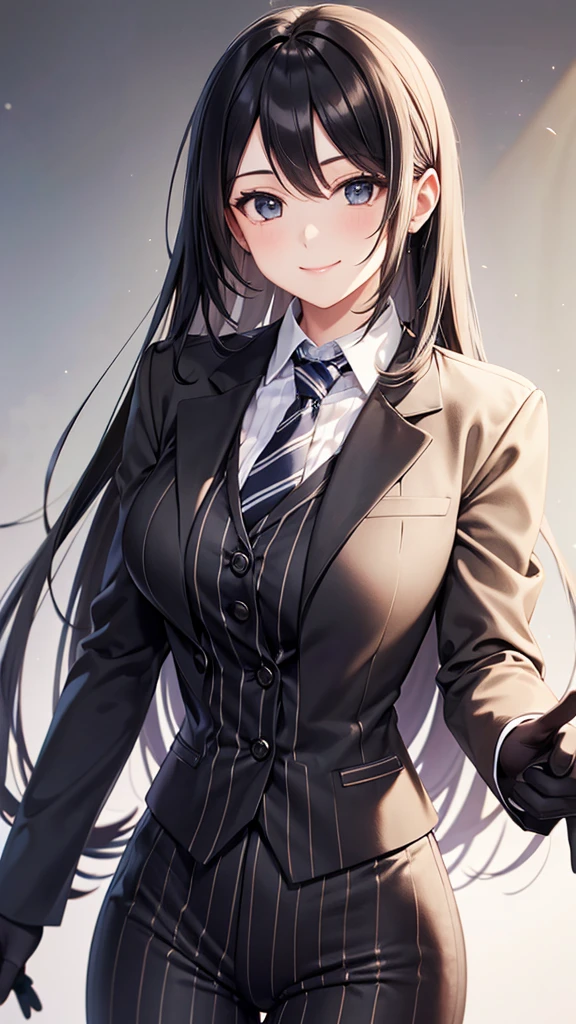 A woman wearing a striped pantsuit tie smile Black gloves