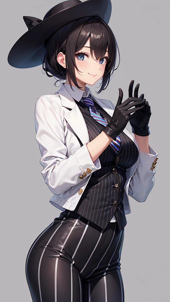 A woman wearing a striped pantsuit　tie　smile　　Black gloves