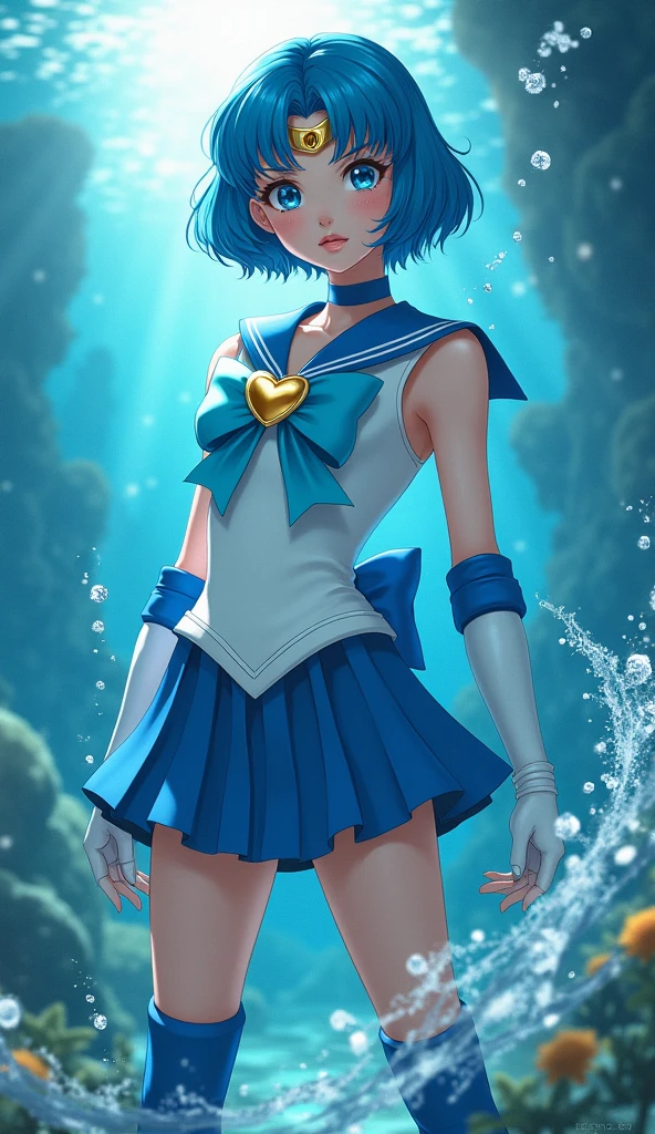 "Generate an image of Ami Mizuno from Sailor Moon in her Super Sailor Mercury form. She should be standing confidently, with her short blue hair styled in a sleek bob. Her outfit is a white sailor-style uniform with a blue collar, a light blue bow on her chest with a golden heart-shaped brooch, and a pleated skirt. She wears knee-high blue boots and white gloves with blue accents. She should be holding her Aqua Harp, with water elements swirling around her. The background should be an underwater scene, with shimmering light filtering through, creating a calm and serene atmosphere.", high quality, (RAW photo, best quality), (realistic, photorealistic: 1.4), (extremely delicate and beautiful: 1.4), amazing, fine details, masterpiece, ultra detailed, high resolution, best illustration, best shadow, intricate, ( extremely intricate: 1.2), (exquisitely detailed skin), cinematic light, perfect anatomy, (cool color: 1.4), sharp focus, 8k UHD, DSLR, (Fujifilm XT3),(iluminación cinematográfica :1.4), (pose americano :1.4), (skirt lifted by itself: 1.4 ), (skirt lift: 1.4 ), (showing white panties: 1.4 ), (colores brillantes), (mostrando panties lingerie :1.4), (estilo encaje lingerie transparente :1.4)