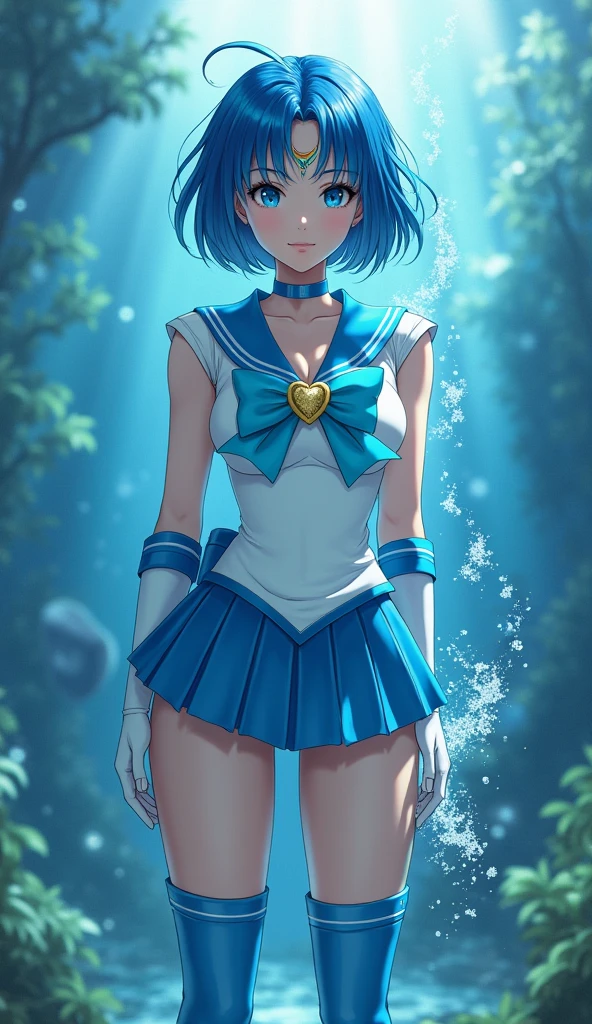 "Generate an image of Ami Mizuno from Sailor Moon in her Super Sailor Mercury form. She should be standing confidently, with her short blue hair styled in a sleek bob. Her outfit is a white sailor-style uniform with a blue collar, a light blue bow on her chest with a golden heart-shaped brooch, and a pleated skirt. She wears knee-high blue boots and white gloves with blue accents. She should be holding her Aqua Harp, with water elements swirling around her. The background should be an underwater scene, with shimmering light filtering through, creating a calm and serene atmosphere.", high quality, (RAW photo, best quality), (realistic, photorealistic: 1.4), (extremely delicate and beautiful: 1.4), amazing, fine details, masterpiece, ultra detailed, high resolution, best illustration, best shadow, intricate, ( extremely intricate: 1.2), (exquisitely detailed skin), cinematic light, perfect anatomy, (cool color: 1.4), sharp focus, 8k UHD, DSLR, (Fujifilm XT3),(iluminación cinematográfica :1.4), (pose americano :1.4), (skirt lifted by itself: 1.4 ), (skirt lift: 1.4 ), (showing white panties: 1.4 ), (colores brillantes), (mostrando panties lingerie :1.4), (estilo encaje lingerie transparente :1.4)