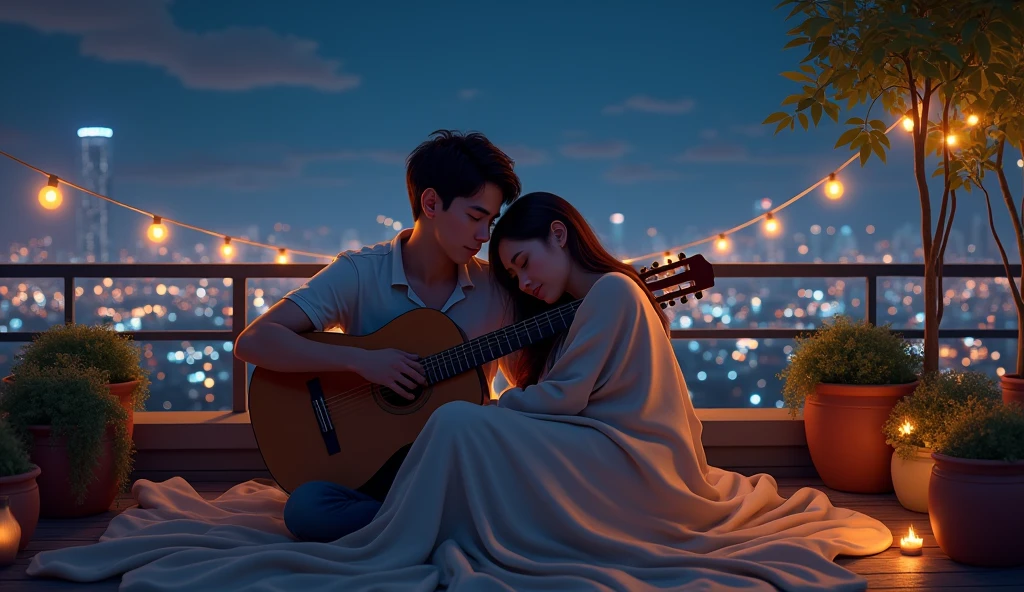 A couple sitting on a city rooftop under a blanket of stars, surrounded by potted plants and fairy lights. The guy is playing a guitar, while the girl rests her head on his shoulder, both lost in the moment. The distant city lights twinkle like stars on the ground.