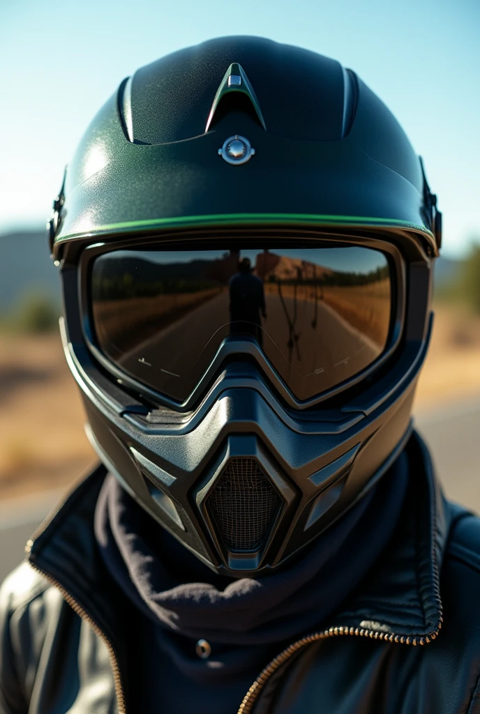 A selfie of a man wearing a black motocross helmet with dark green details, polarized motocross goggles . The helmet, The glasses completely cover his face and nose... The scene takes place outdoors, in natural daylight, with an open landscape in the background showing distant trees and hills, leather jacket