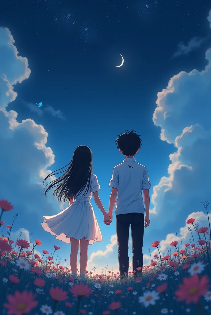 /imagine 1girl, sky, night, 1boy, butterfly, dress, night_sky, holding_hands, outdoors, bug, long_hair, star_(sky), pants, cloud, black_hair, shirt, white_dress, field, moon, starry_sky, flower, looking_at_another, white_shirt, grass, standing, hetero, sleeves_rolled_up, short_hair, black_pants, from_behind, short_sleeves, brown_hair, blue_butterfly, couple, brown_pants, flower_field, collared_shirt, cloudy_sky, scenery
, mention the boy name is DEV which is written in his dress
