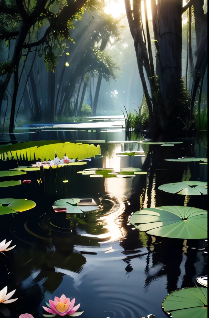 there is a pond with lily pads and water lillies in the water, pond with frogs and lilypads, green lily pads, scene from louisiana swamps, aquatic plants, located in a swamp at sunrise, lily pads, overgrown with aquatic plants, marsh vegetation, flooded swamp, alpine pond with water lilies, waterlily pads, small reeds behind lake