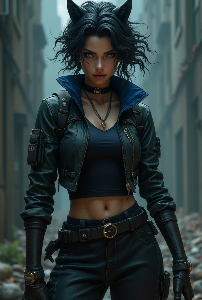 I want a girl with 1,70 tall in assassin&#39;s garb, short curly wolf cut style hair, black in color with blue highlights, green eyes and sharp canines and piercing in the eyebrow and mouth
