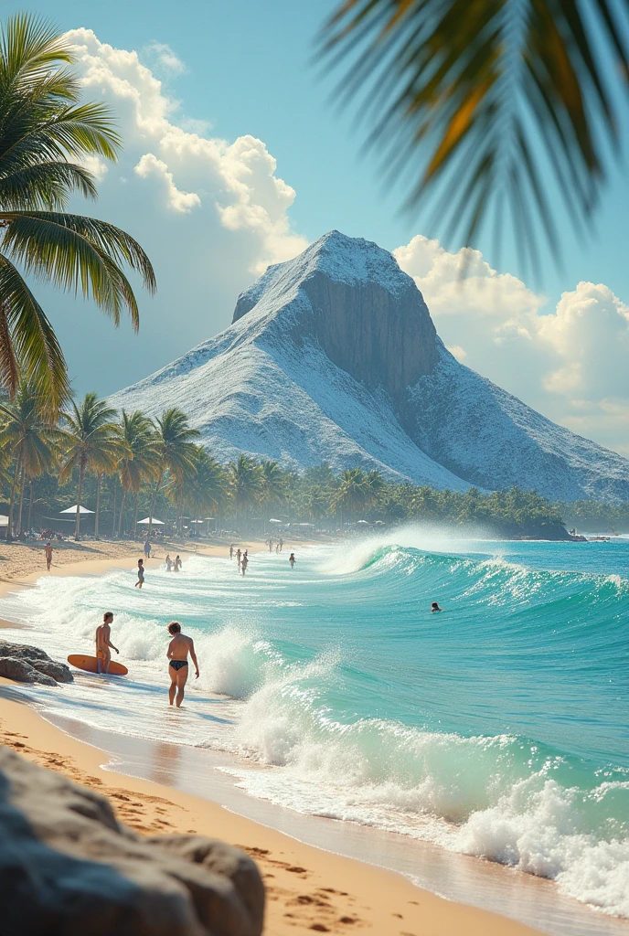 People at beach, beautifull beach and mountain