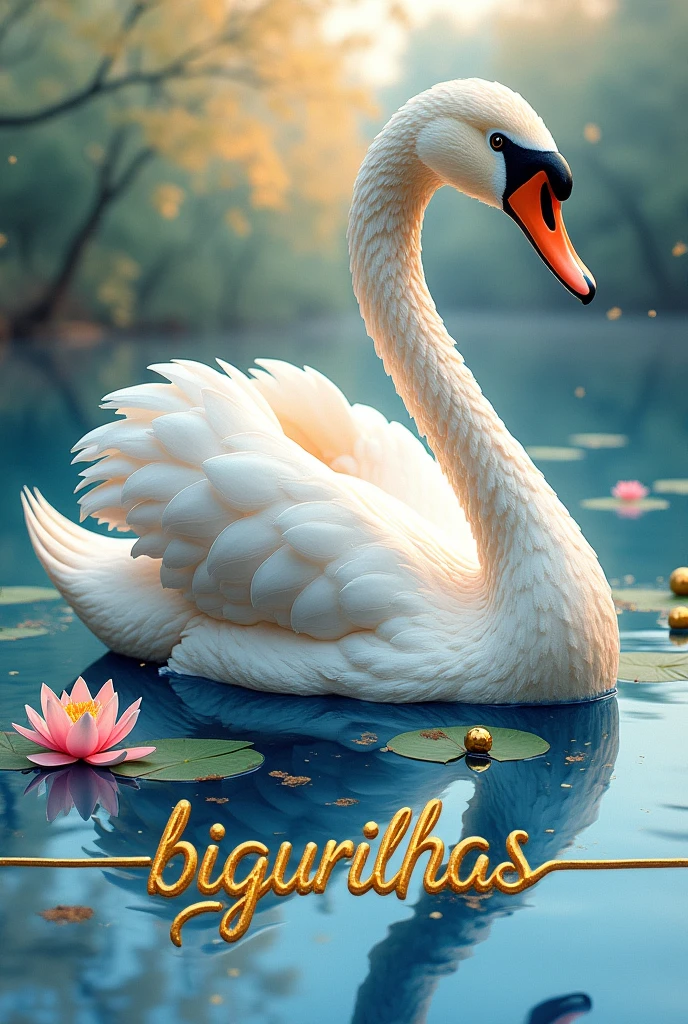 A 3D watercolour illustration of a swan with vibrant colours and golden highlights. The swan is blended with lines and curves, and is melting. There are small gold objects near the swan. The background is a serene lake with lily pads and a flower. The name "BIGURILHAS ” is written in curly golden letters at the bottom.