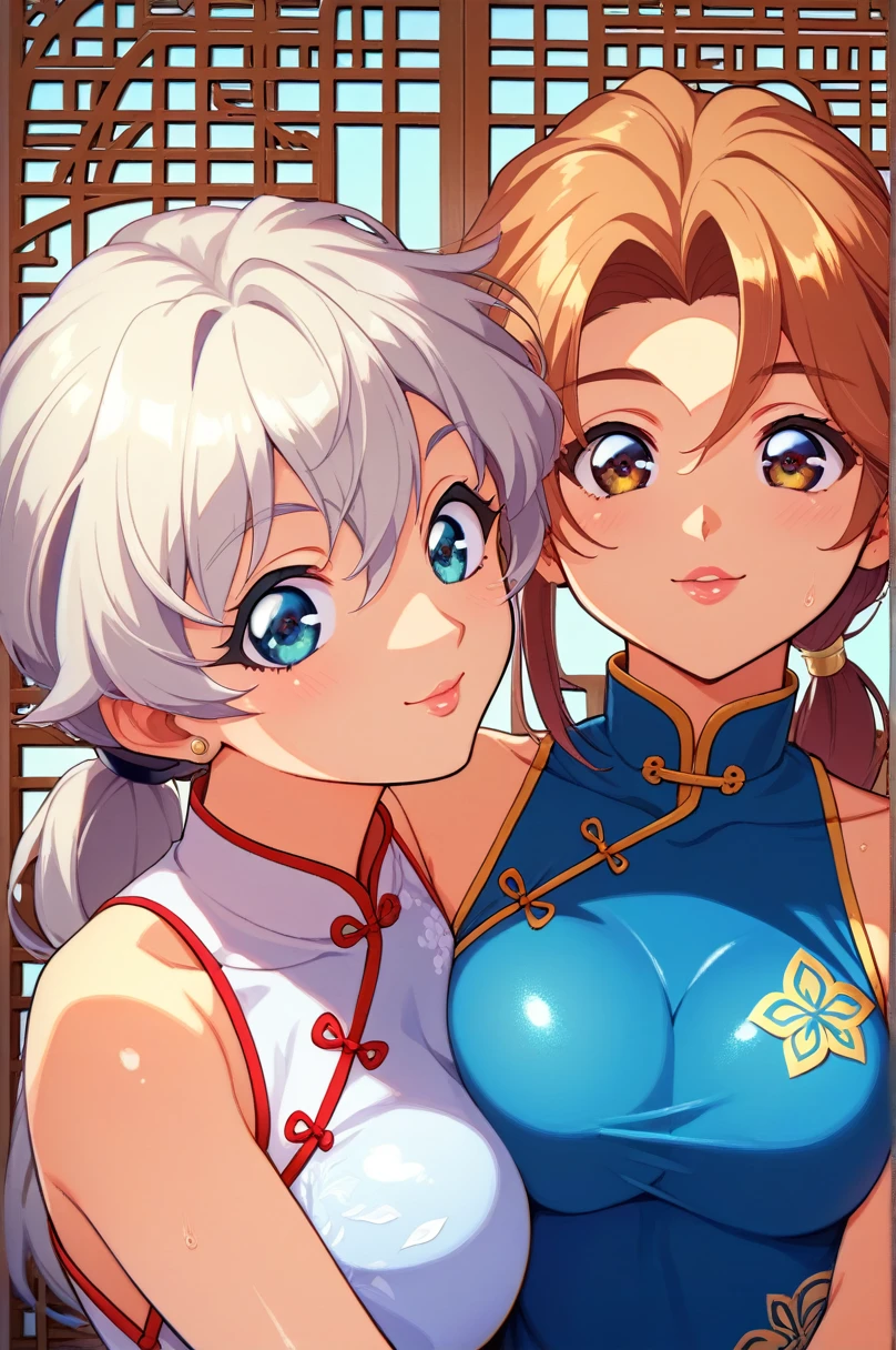 (masterpiece,Highest quality,Ultra-high resolution),Japanese women, (((Two very beautiful people))), cute、Look at the photographer、 ((Beautiful low ponytail)), とってもcute顔, Glossy Lips, Double eyelids on both eyes,Natural smile、 Natural Makeup, Long eyelashes, Shiny and smooth hair、Center image, Perfect limbs, Perfect Anatomy,(((China dress)))、((See through)),Wet with sweat,