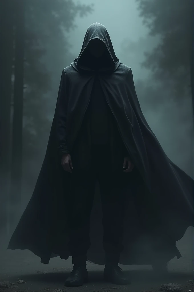 Create a man with a cape and hood covering his face