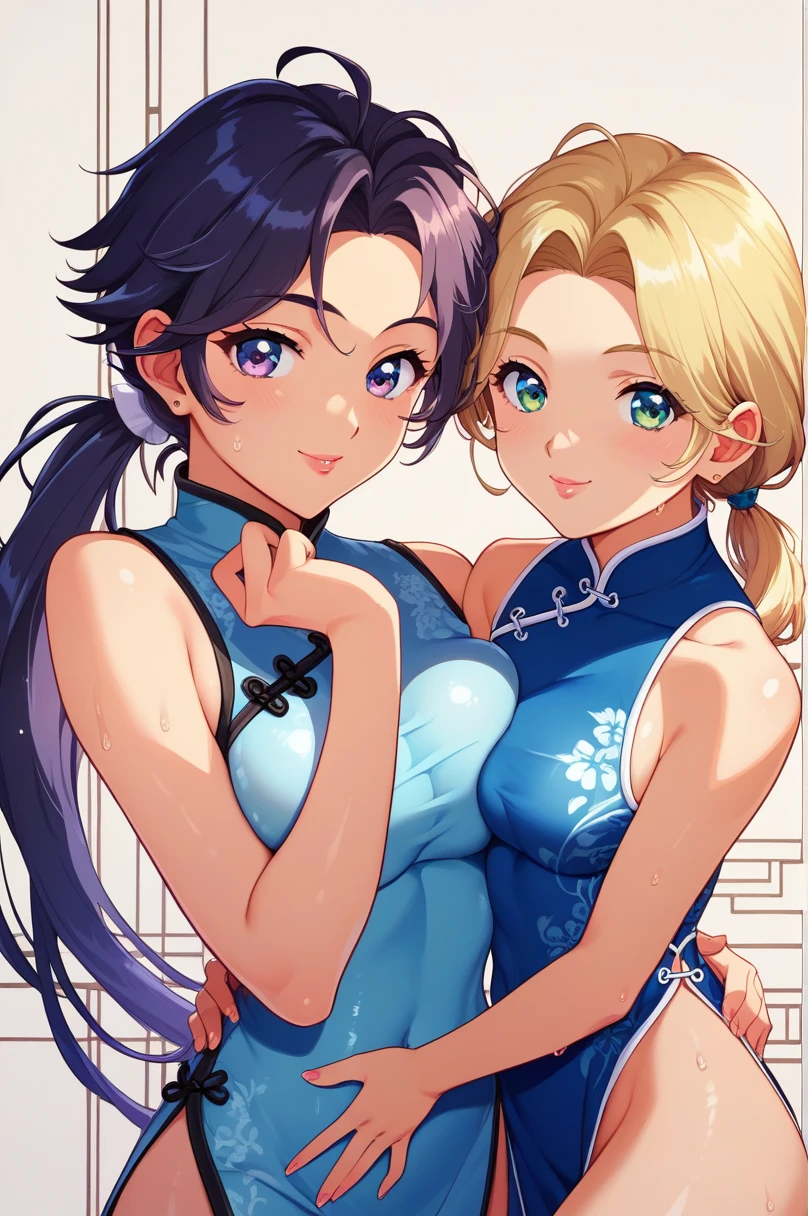 (masterpiece,Highest quality,Ultra-high resolution),Japanese women, (((Two very beautiful people))), cute、Look at the photographer、 ((Beautiful low ponytail)), とってもcute顔, Glossy Lips, Double eyelids on both eyes,Natural smile、 Natural Makeup, Long eyelashes, Shiny and smooth hair、Center image, Perfect limbs, Perfect Anatomy,(((China dress)))、((See through)),Wet with sweat,