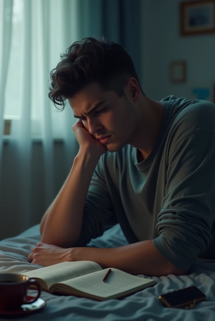 a sad guy inside his room. he is thinking what to do in life