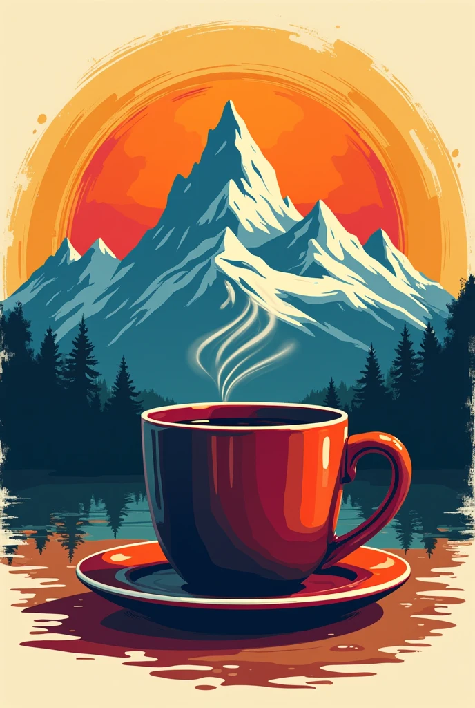 Generate an aesthetic classic combination logo of mountain into coffee mug. Make the image colourful