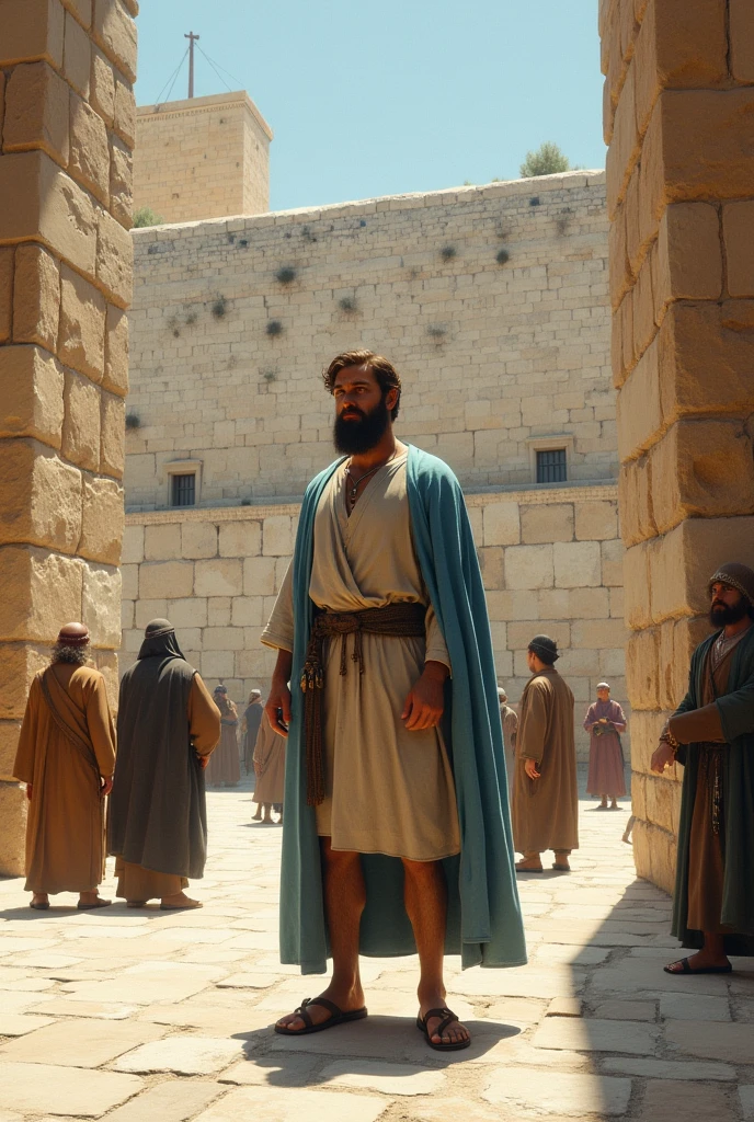 A Caucasian man with a beard and brown hair, thesis clara, dressed in bone-colored tunic, short brown skirt, sandals with strings up to the shins, Sky blue cloak, in front of him there is a large temple with tall, elongated walls of large white-ochre stones, Just like the Wailing Wall and the Jewish Temple of the 1st century, Nearby you can see people in Jewish robes and cloaks from the 17th century. Around there are small stone Jewish houses.