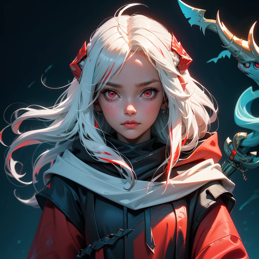 envision a 8k, highres, cinematic, close up portrait of a short and evil Atlantean girl named Gawr Gura with shoulder length white hair with red highlights and red eyes in a blue shark hoodie holding Poseidon's trident against a dark gray background