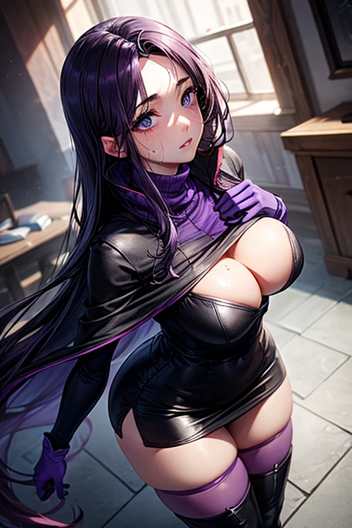 masterpiece, Highest quality, (Unreal Engine), Super Resolution, Very detailed, Complex, colorful, Clear images, Sharp focus, Digital Blending,
1 person, Expressionless girl, malaria, Quiz Magic Academy, ((Purple long hair:1.8)), Blue eyes, length, ((Narrow eyes)), (muscular:0.8), Big Breasts, bold, Lips parted, Observe the audience, Butt, Tight waist, ((Purple Dress)), ((Black Linen Skirt)), (Black Short Cape), (((Pink turtleneck net suit))), ((Pink long gloves)), Black long boots, Perfect Eyes, Perfect Face, Ultra detailed hair, Ultra detailed face, Very detailed lips, Vivid expression, Healthy Body, Beautifully detailed sweat glands, Smooth skin texture, Carefully drawn,
((humidity:1.2), Sticky with sweat), Casting magic, The magic begins,
In the world of Quiz Magic Academy, Magic Class, night, (Shot on Sony α9, Dynamic Angle),