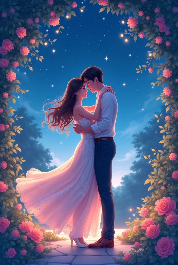 An anime-styled illustration of a couple dancing slowly under the stars in a peaceful, romantic garden. The girl is wearing a flowing dress, and the guy is in a sharp, casual outfit. The background features twinkling lights and blooming flowers, capturing the serene and tender moment between them.