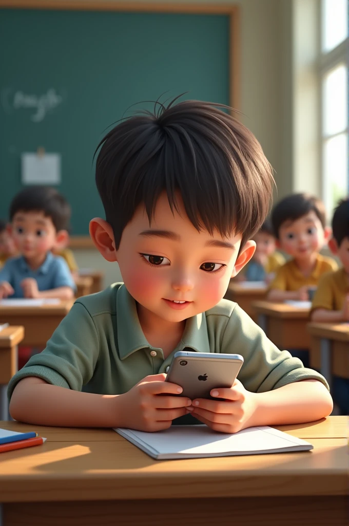 Image of an boy playing on a phone in a classroom