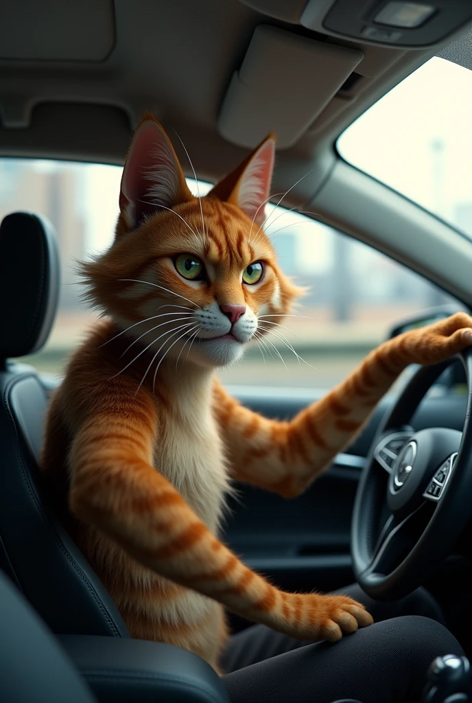 8k, a cat man is driving a car, he is late for work and has a worried expression