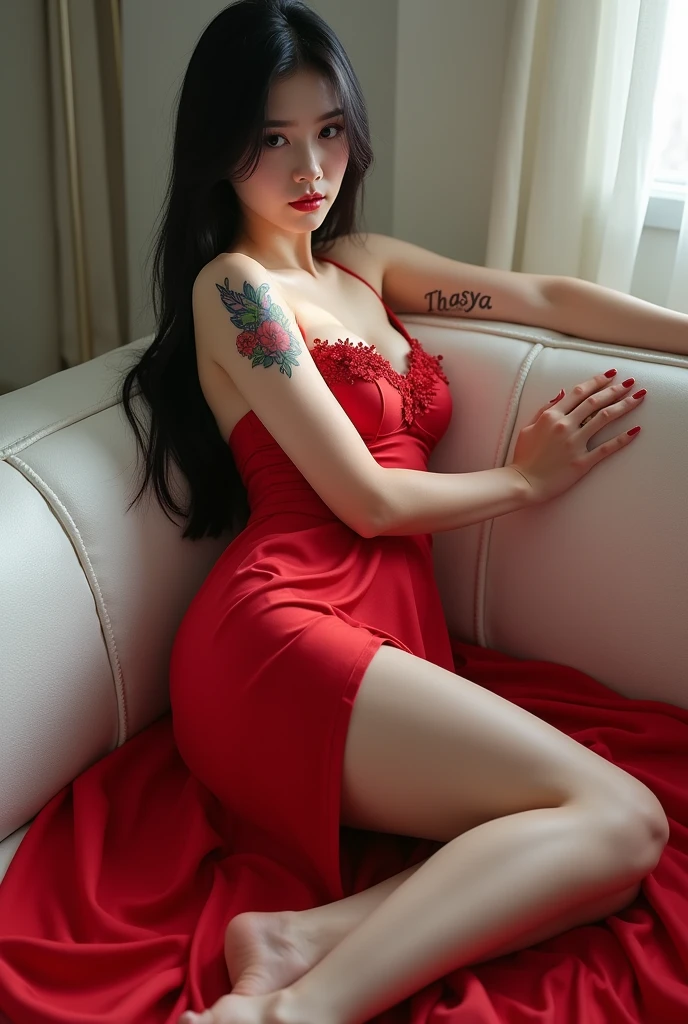 Chinese girl, white skin, shaggy breasts, big breast, 2, mourning face, thick body, sexy body, curvy waist, sunny morning, milky white skin, a butterfly tattoo on the shoulder back, a big flower tattoo on the thigh, there is a text tatoo says "Thasya" on the lower arm, sexy red gown, having sex, lying face down, on the white sofa, spread the legs, nakeness, full body, beautiful nail arts, thin pubic hair, wide open her legs, black hair, straight hair, sexy toe, camera from bottom, full body from toe to head, full body on frame, left hand covers right breast