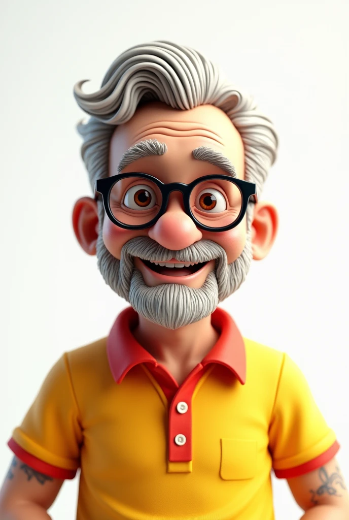 3d image portrait with white background 4 man white color gray hair brown beard glasses large curly text yellow polo shirt with red collar well shaped