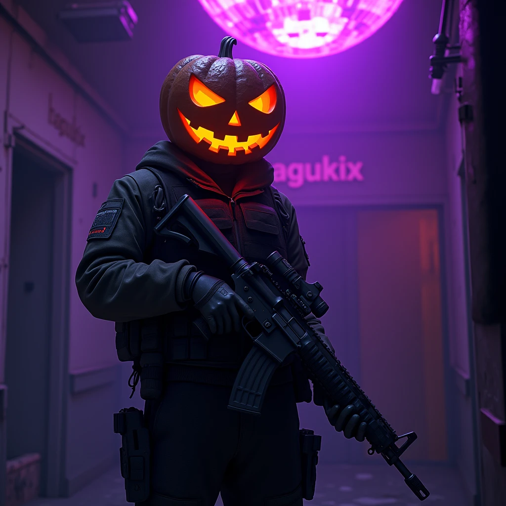 One character wearing a jack-o&#39;-lantern、Equipped with a tactical jacket and rifle、Purple light pours down from the mirror ball above.。.、The word HAGUKIX is written in large letters in the background.