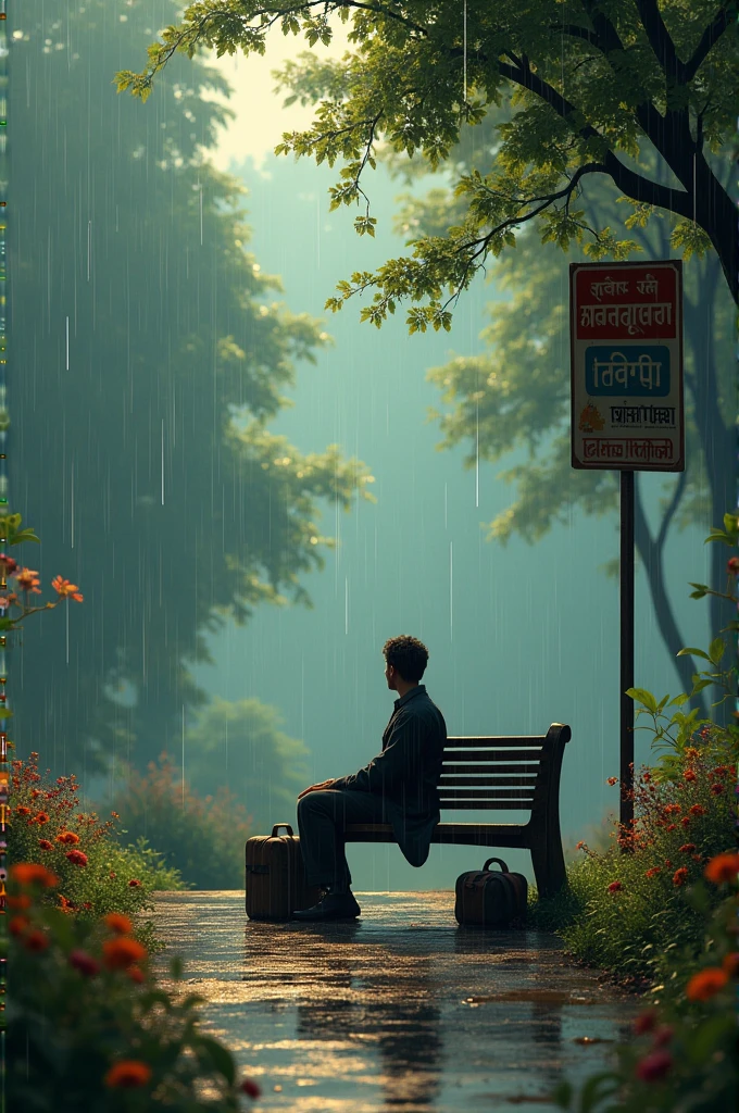 "Create a cinematic Full Hd" Create a beautiful village whose name should be Garahatha Khurd. The name of the village should be visible on the board and a man is sitting with a bag waiting for the bus. There should be rain all around. There should be flowers, trees and plants all around.