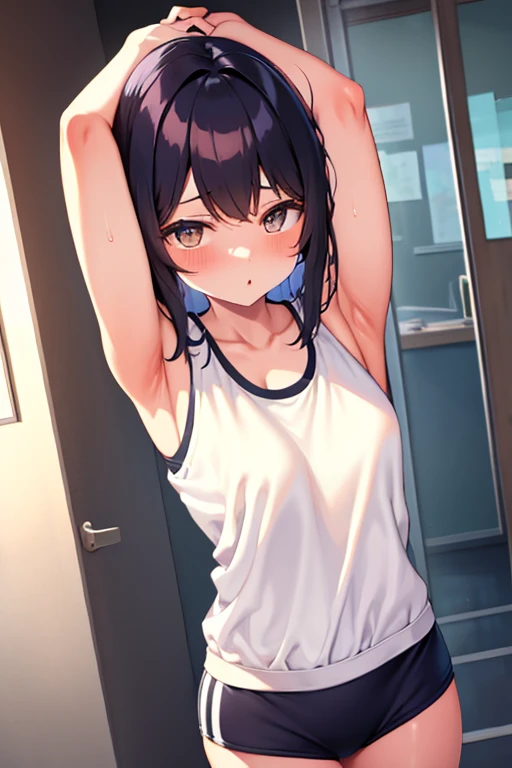 buruma, black buruma, school hallway, 1 girl, cute, Put your hands behind your head, White tank top, Armpit, Medium chest, (Sweat:1.3), ((blush)), look up, Black Hair, Medium Hair, day, indoor, (Cowboys photographed from above), ((Highest quality)), ((masterpiece)), (detailed), Perfect Face, Perfect Arms, Perfect hands, Perfect Fingers, anime, Ultra-fine illustration,