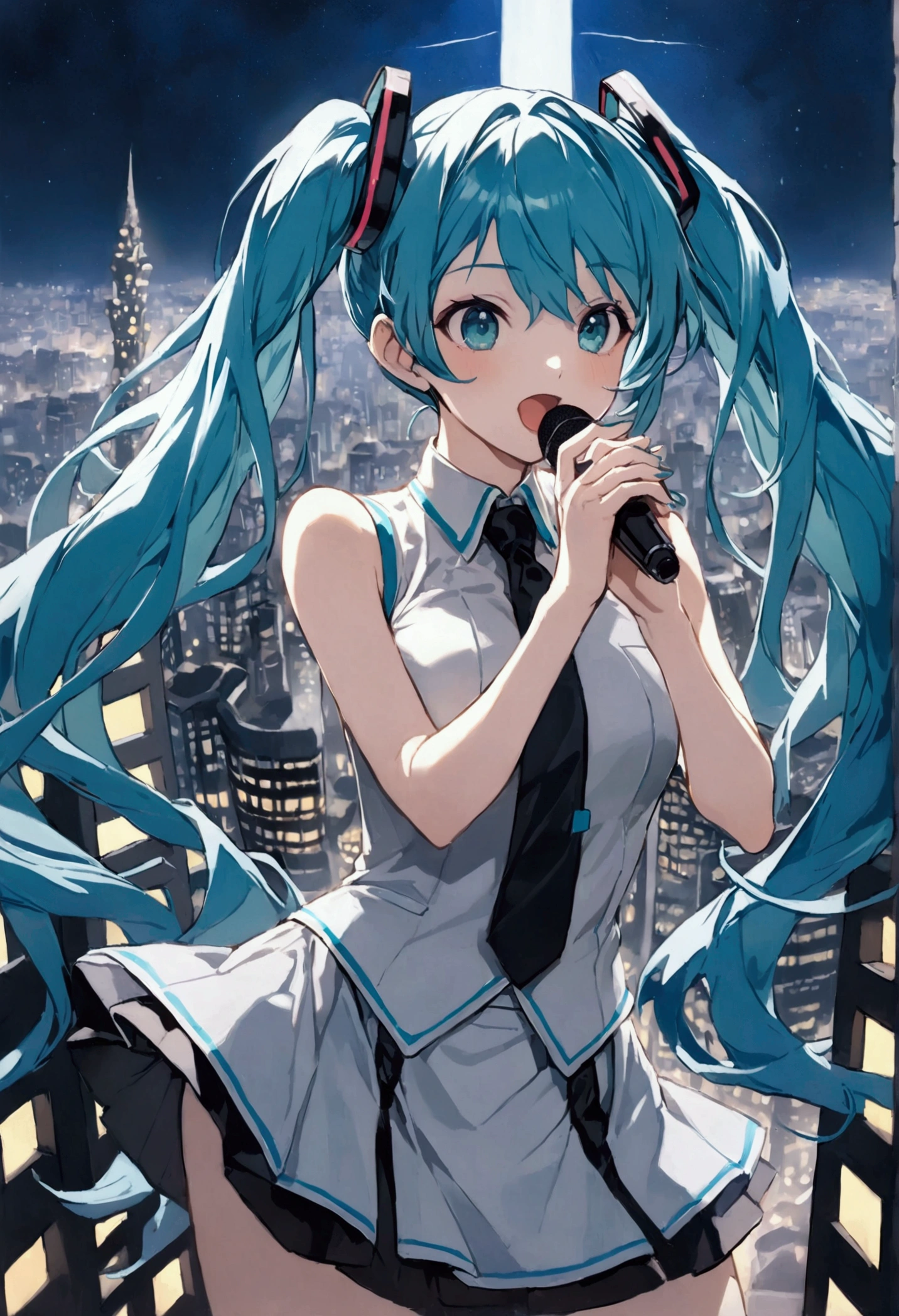 (Hatsune Miku,Light blue hair,Twin tails,No sleeve,tie,mini skirt,socks),((Blue is the predominant color)),(Future city at night,Night view),(Cool pose,Standing at the top of the tower,Cool look,singing,Holding a microphone)