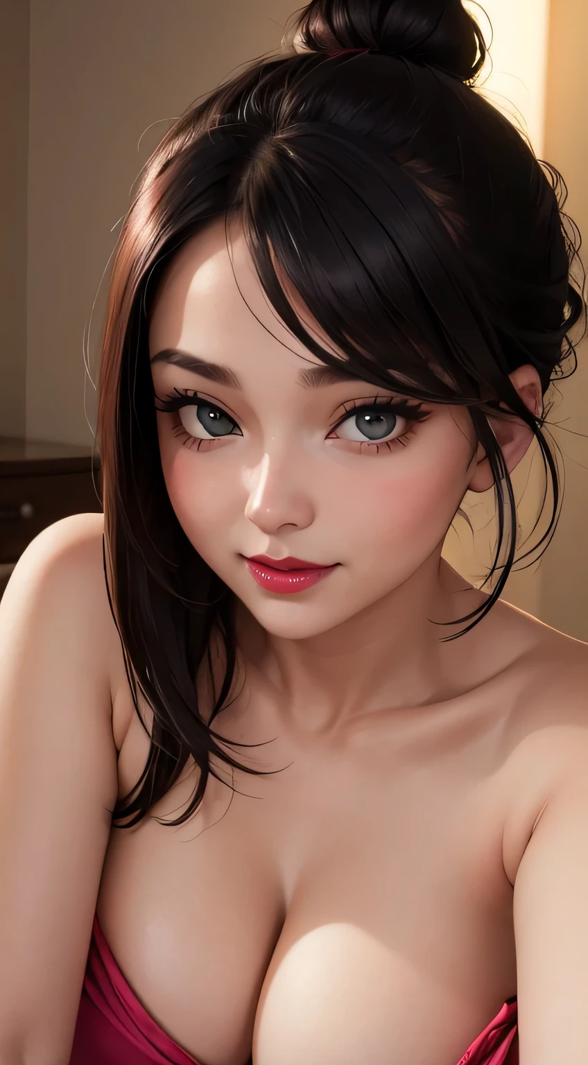 Amazing portrait of a woman who is 30 years old and an adult and a sexy woman with a beautiful face with lustful eyes gazing seductively and parted pink lips smiling as she blushed deeply with her black hair in a bun wearing a green satin shirt that is partially unbuttoned and falling off her shoulders exposing her creamy pale porcelain skin in a very dimly lit bedroom giving off an intimate vibe during night time with soft lighting showcasing her red lips and her beautiful face in detail and close up