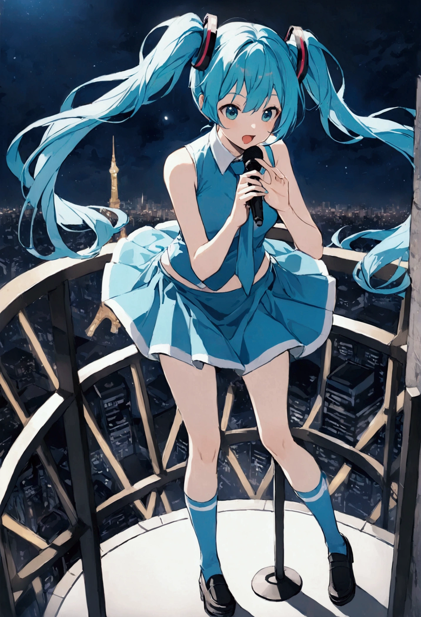 (Hatsune Miku,Light blue hair,Twin tails,No sleeve,tie,mini skirt,socks),((Blue is the predominant color)),(Future city at night,Night view),(Cool pose,Standing at the top of the tower,Cool look,singing,Holding a microphone)