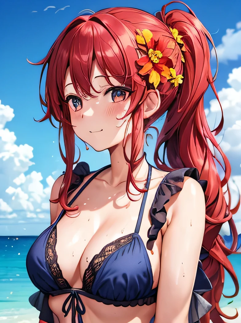 [big boob], cleavage, sheer blouse, see, bikini, flower, sweaty, cute face, small face, summer, long hair, red hair, pony tail, girl, sweaty, blue ocean, blue sky