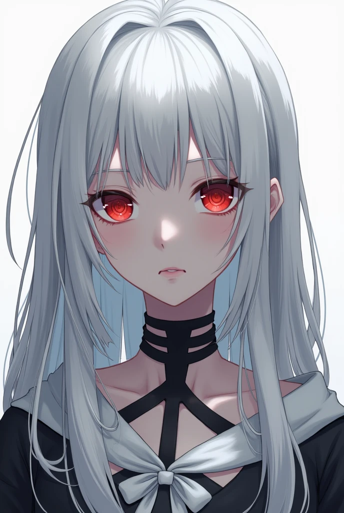 A white-haired woman with red eyes and simple clothes and an unpredictable facial expression anime art