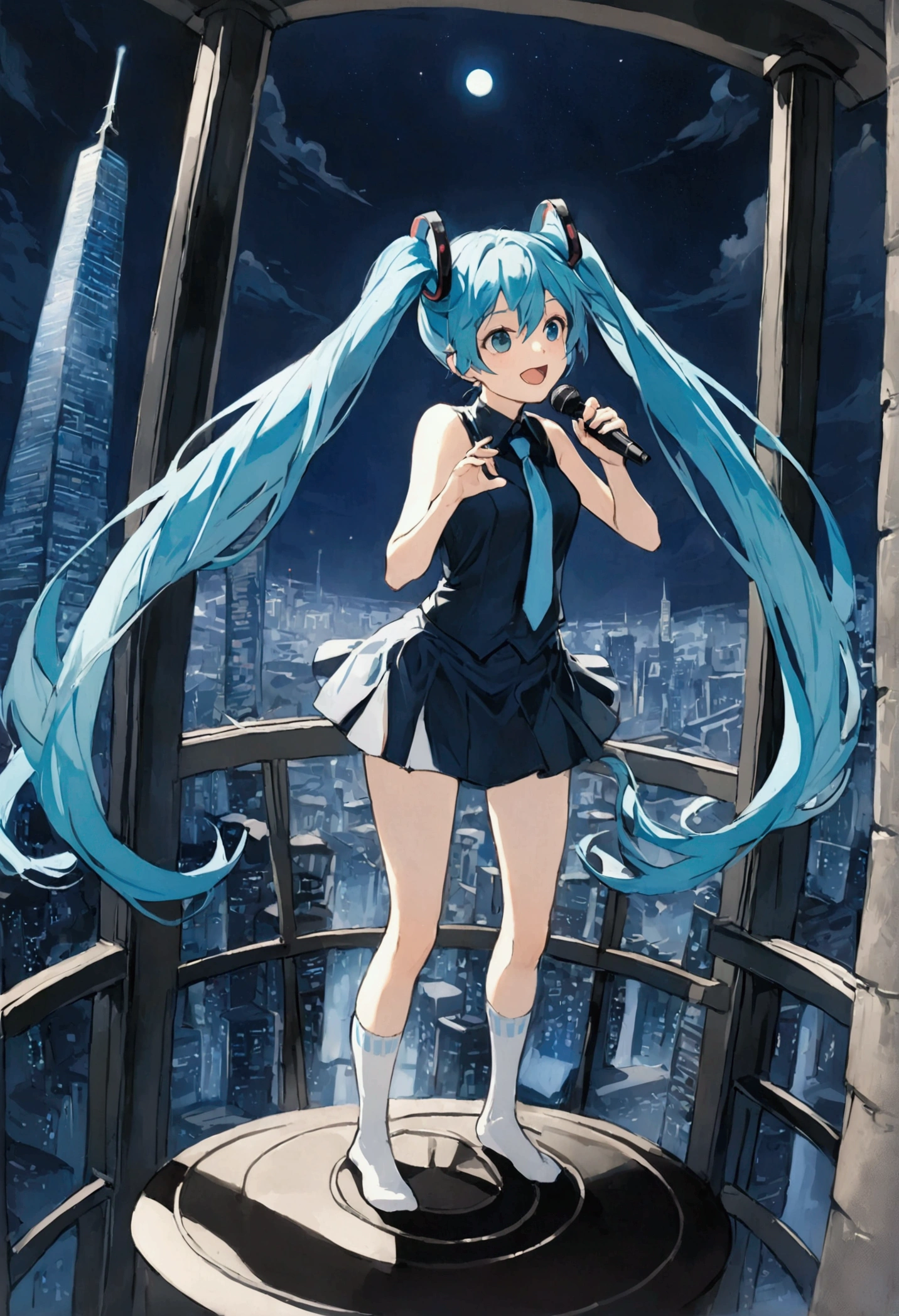 (Hatsune Miku,Light blue hair,Twin tails,No sleeve,tie,mini skirt,socks),((Blue is the predominant color)),(Future city at night,Night view),(Cool pose,Standing at the top of the tower,Cool look,singing,Holding a microphone)