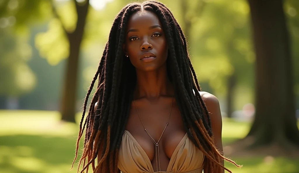 A stunningly beautiful African American woman with long brown dreadlocks with highlights on the ends in walking through the park looking sexy & sensual, realistic