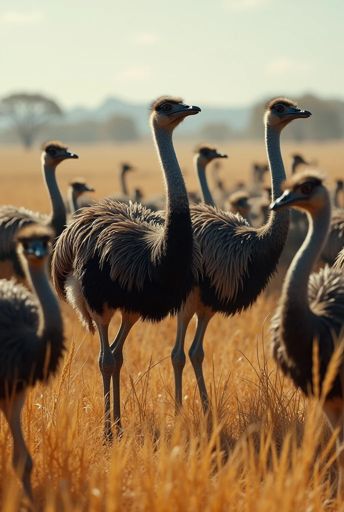 50 emu destroying wheat fields in Australia some of them point their neck on ground and looking scarious