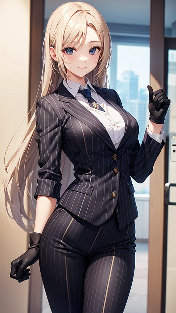 A woman wearing a striped pantsuit　tie　smile　　Black gloves