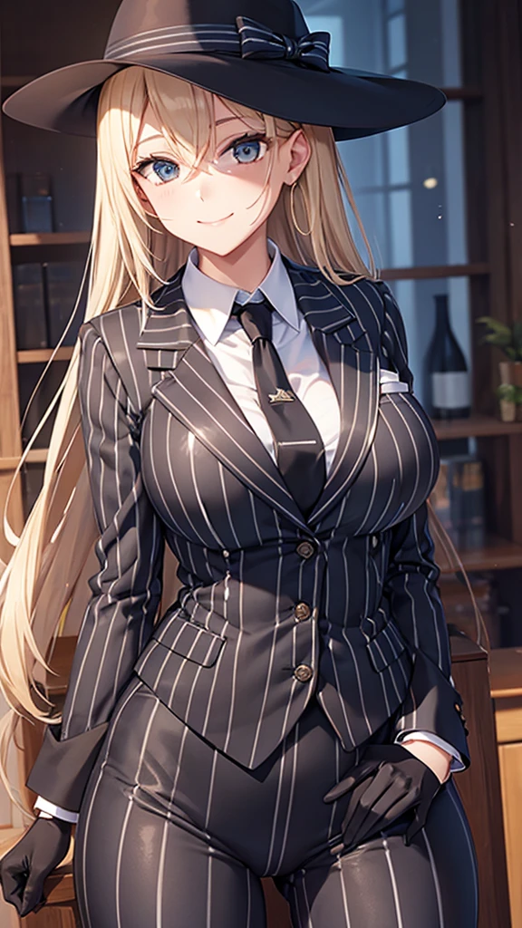 A woman wearing a striped pantsuit　tie　smile　　Black gloves