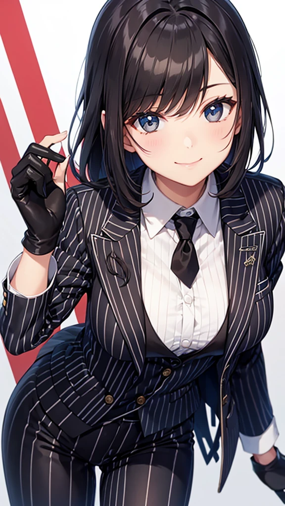 A woman wearing a striped pantsuit tie smile Black gloves