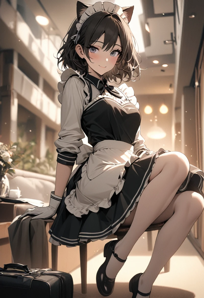 1 girl, alone, cheerleader, health beauty, a handsome face, beautiful body, long legs, white skin, fine portrayal, Ultimate Details,  hotel sitting room background, cat ear headband, maid uniform, long-sleeve, Her outfit is a vintage-inspired dress with black and white stripes, complemented by a crisp apron, white format gloves, Smile, masterpiece, best quality,
