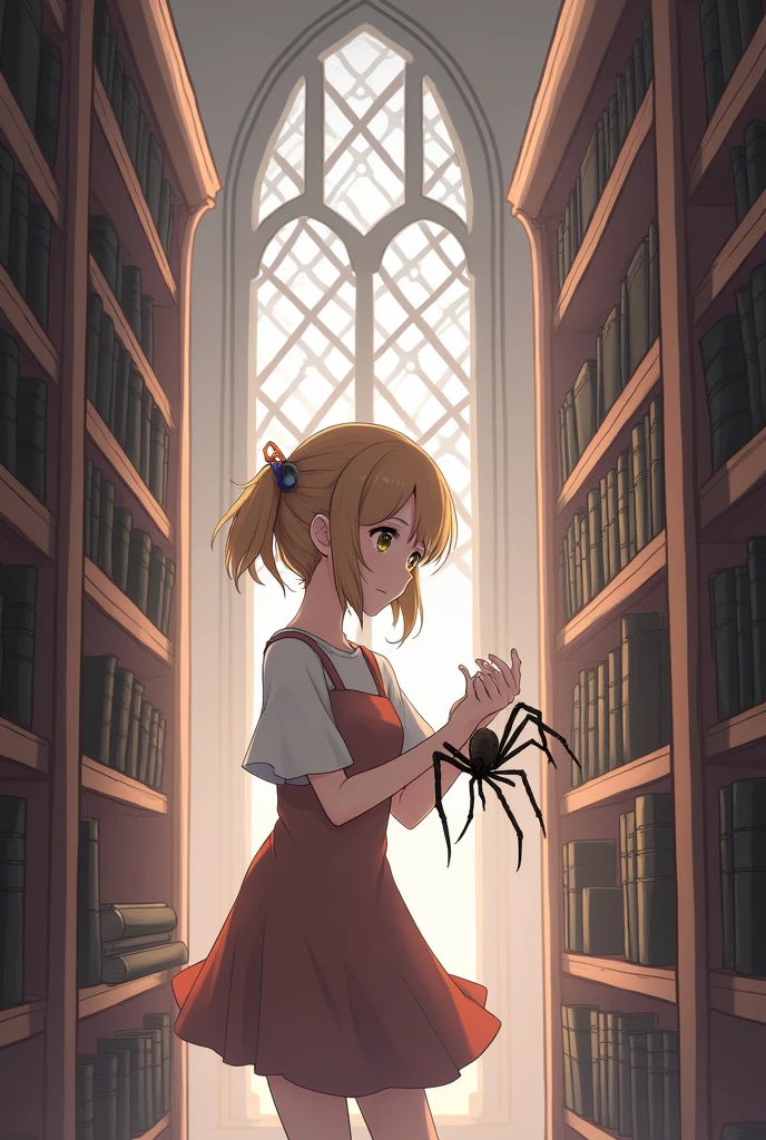 an anime picture of a girl in a library with a spider, anime style, from girls frontline, fine details. girls frontline, girls frontline universe, girls frontline style, girls frontline, girls frontline cg, soft anime illustration, 2 0 2 2 anime style, 2022 anime style, pixiv contest winner, from cryptid academia, insect trainer girl, borne space library artwork, arachne, in a library, librarianinside a castle library, castle library